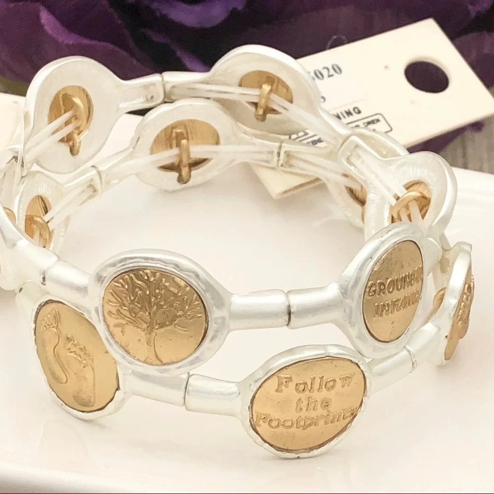 🌼 2-Tone Gold Silver Footprints or Tree of Life Metal Stretch Bracelet